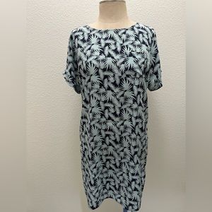 Caslon Women’s Shift Dress Blue Palm Leaves Short Cuffed Sleeve Size Small